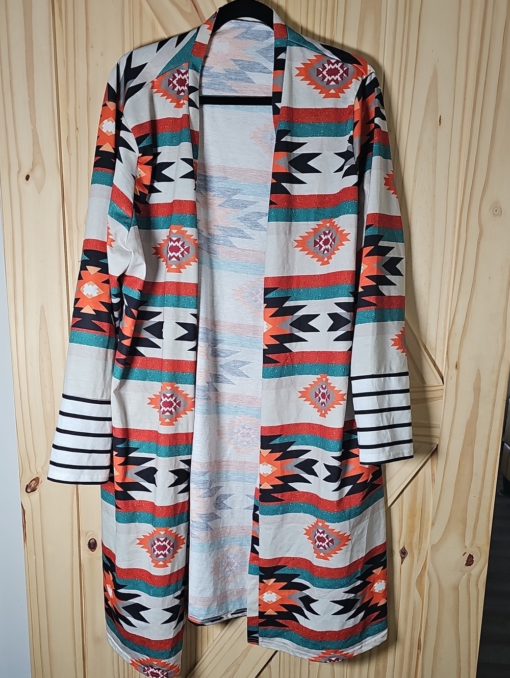 Aztec Open-Front Cardigan Sweater - Cream with Orange & Teal - Duster Style